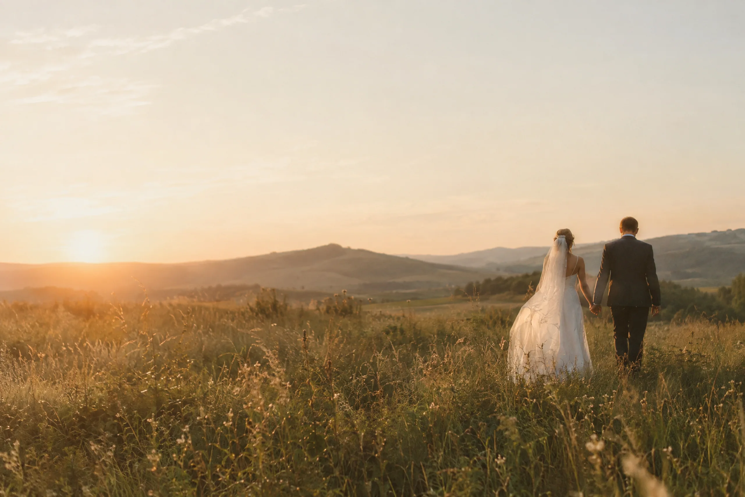A bride and groom walking hand in hand through a summer meadow at golden hour.
